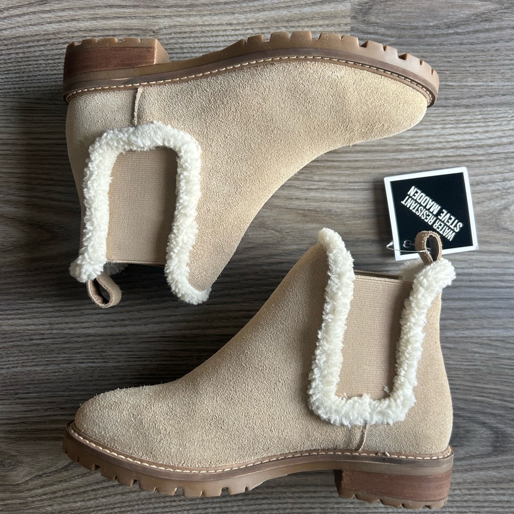 BRAND NEW Tan Suede Ankle Boots with Shearling Trim